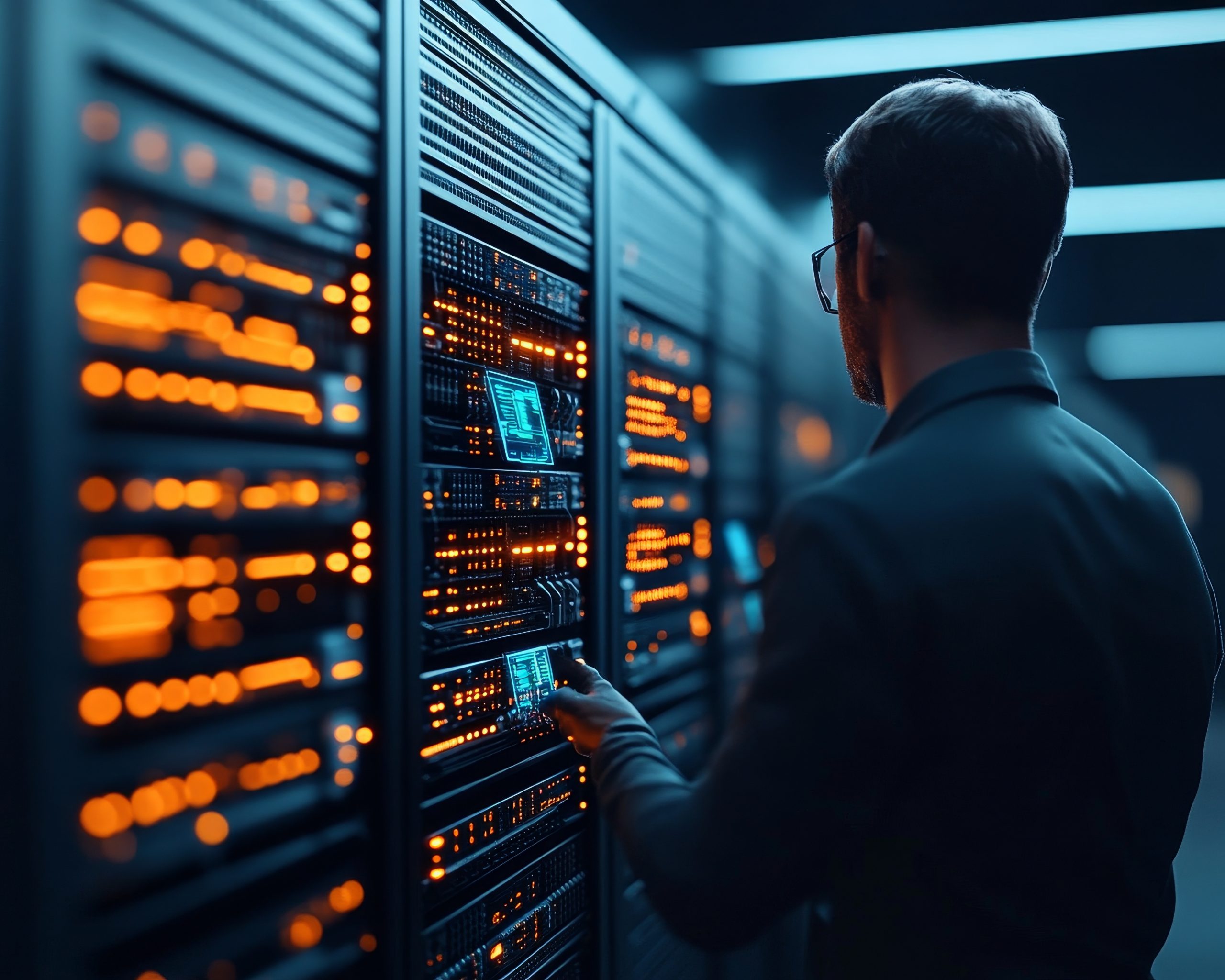 A technician works on a server rack in a data center. The rack is lit with blue and orange lights, and the technician is wearing a suit.